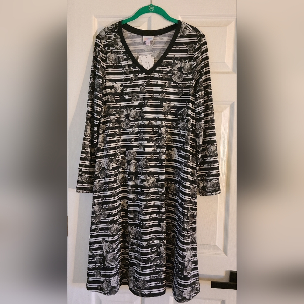 Long sleeve stripe and floral print dress
